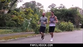 FamilyDick - Older tattooed muscle daddy coaches virgin stepson on thick cock