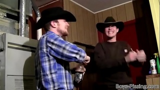 Cowboy pisses in his own mouth and jerks off with his friend